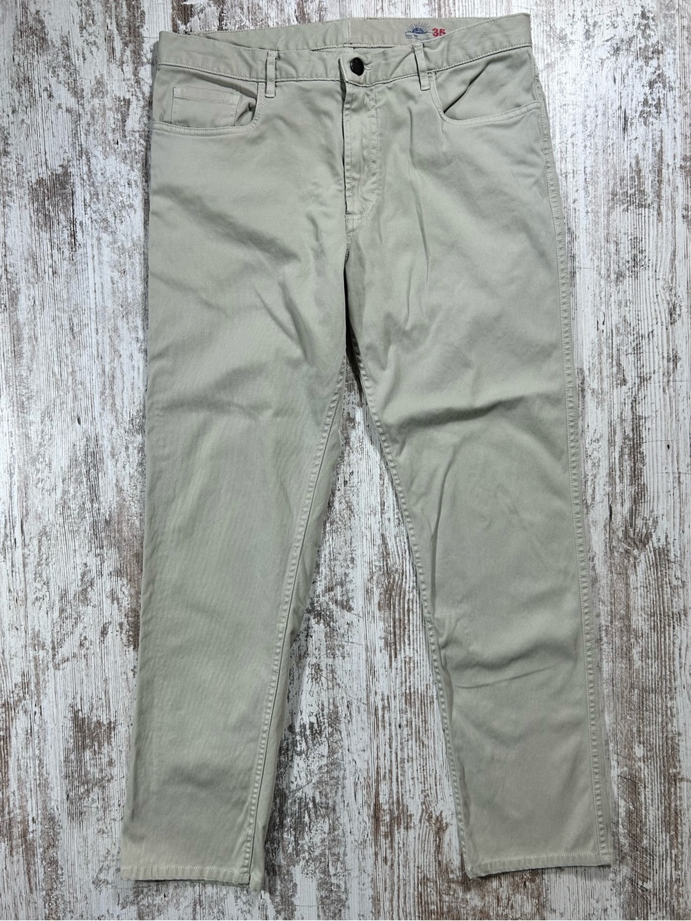 Men’s Faherty 5-pocket pant blended cotton tan Size 35 30” inseam pinhole